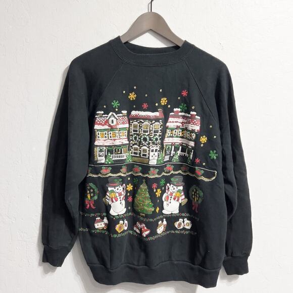 Vintage Sweatshirt Womens Large Black Holiday Christmas Ugly Party Snowman Crew - Picture 1 of 5